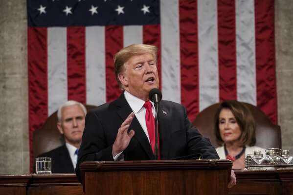 
              In this Feb. 5, 2019, photo, President Donald Trump gives his State of the Union address to a joint session of Congress at the Capitol in Washington, as Vice President Mike Pence, left, and House Speaker Nancy Pelosi listen. (Doug Mills/The New York Times via AP, Pool)
            