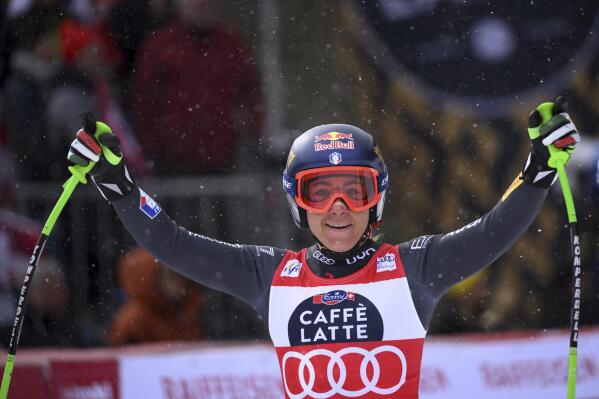 Sofia Goggia of Italy reacts in the finish area during an alpine ski, women’s World Cup downhill race in Crans Montana, Switzerland, Sunday, Feb. 26, 2023. (Alessandro della Valle/Keystone via AP)
