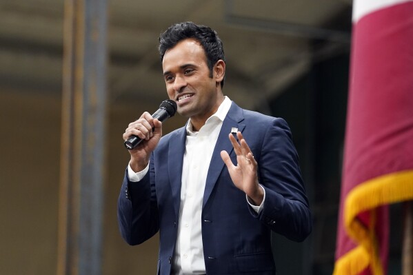 Republican presidential candidate businessman Vivek Ramaswamy speaks at a caucus location at Horizon Events Center, in Clive, Iowa, Monday, Jan. 15, 2024. (AP Photo/Andrew Harnik)