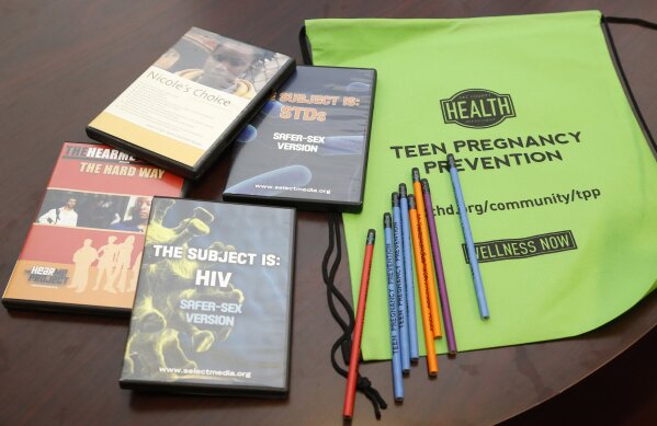 
              Some of the materials used by the Oklahoma City County Health Department in the Teen Pregnancy Prevention program are on display at the health department in Oklahoma City, Monday, July 21, 2014. The 25th annual Kids Count report from the Baltimore-based Annie E. Casey Foundation ranked Oklahoma 39th in 16 indicators across four areas: economic well-being, education, health and family and community. Teen births among girls ages 15 to 19 years old decreased 13 percent, from 54 teen births per 1,000 in 2005 to 47 teen births per 1,000 in 2012. Several affiliates of Planned Parenthood are suing the Department of Health and Human Services over its efforts to impose an abstinence-only focus on its Teen Pregnancy Prevention Program that has served more than 1 million young people. The lawsuits were filed Friday, June 22, 2018, in federal courts in New York City and Spokane, Washington, by four different Planned Parenthood affiliates covering New York City and the states of Alaska, Hawaii, Idaho, Iowa, Nebraska and Washington. (AP Photo/Sue Ogrocki, File)
            