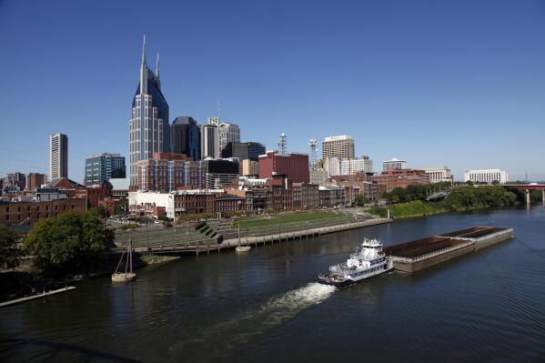 FILE - The Nashville, Tenn. downtown area and the Cumberland River are shown on Sept. 27, 2011. A bid to bring the 2024 Republican National Convention to Nashville has hit a roadblock in the Democratic-leaning city's metro council, where opposition has led proponents to withdraw a proposed agreement about how to host the event.
(AP Photo/Mark Humphrey, File)