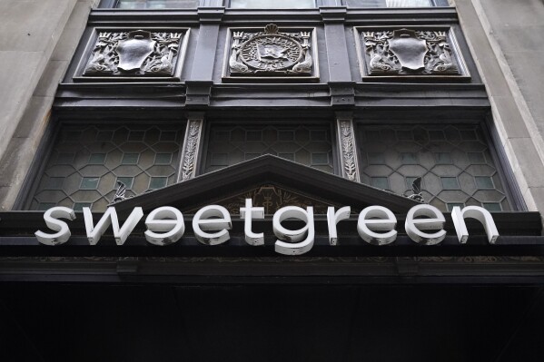 A Sweetgreen sign is displayed on Thursday, May 9, 2024, in New York. The announcement of Sweetgreen that it’s adding beef to its menu led to strong reactions online, with customers questioning the company’s carbon neutral plans. (AP Photo)