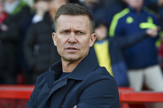 FILE - Leeds United's head coach Jesse Marsch prior to the English Premier League soccer match against Nottingham Forest at City Ground stadium in Nottingham, England, Feb. 5, 2023. Marsch was hired Monday, May 13, 2024, as coach of Canada's men's national team and signed to a contract through the 2026 World Cup. (AP Photo/Rui Vieira, File)