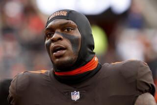 FILE - Cleveland Browns defensive tackle Perrion Winfrey (97) stands on the sideline during an NFL football game against the Tampa Bay Buccaneers on Nov. 27, 2022, in Cleveland. According to court records, Winfrey was arrested Monday, April 10, 2023, in Texas, on a misdemeanor assault charge for allegedly causing bodily harm to a women he was dating. (AP Photo/Kirk Irwin, File)