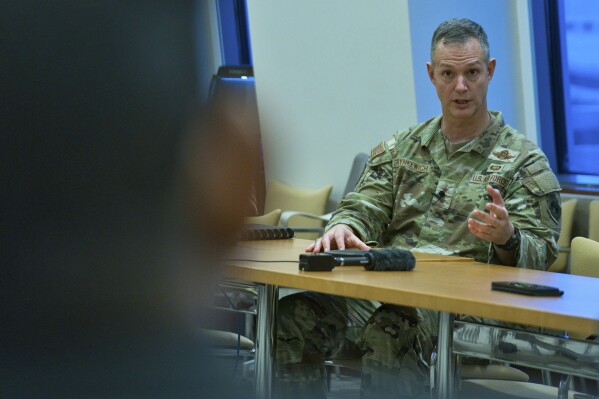 Lt. Gen. Alexus Grynkewich, the head of U.S. Air Force Central, speaks at a news conference at the U.S. Embassy in Abu Dhabi, United Arab Emirates Wednesday, Sept. 20, 2023. Iran's supplying of bomb-carrying drones to Russia could see Moscow help Tehran's program become more lethal, raising risks across the wider Middle East, the top U.S. Air Force commander in the Middle East said Wednesday. (AP Photo/Jon Gambrell)