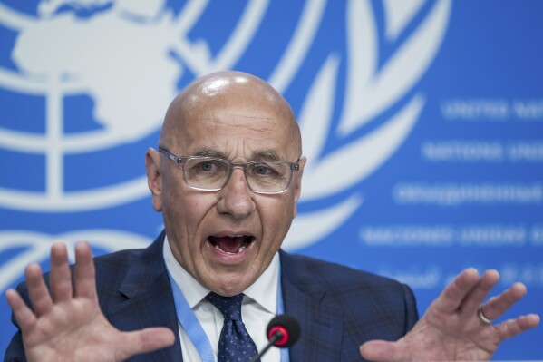 Tom Andrews, Special Rapporteur on the situation of human rights in Myanmar, speaks about the situation of human rights in Myanmar, during a press conference at the European headquarters of the United Nations in Geneva, Switzerland, Wednesday, March 20, 2024. (Martial Trezzini/Keystone via AP)