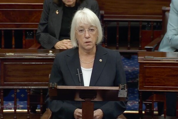 This image from U.S. Senate video, Sen. Patty Murray, D-Wash., speaks about the late Sen. Dianne Feinstein in the Senate chamber on Friday, Sept. 29, 2023, in Washington.  (Senate Television via AP)