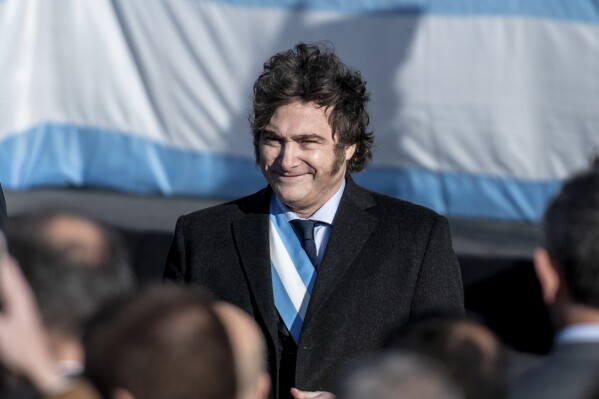 Argentine President Javier Milei attends an event marking Flag Day in Rosario, Argentina, Thursday, June 20, 2024. (AP Photo/Farid Dumat Kelzi)