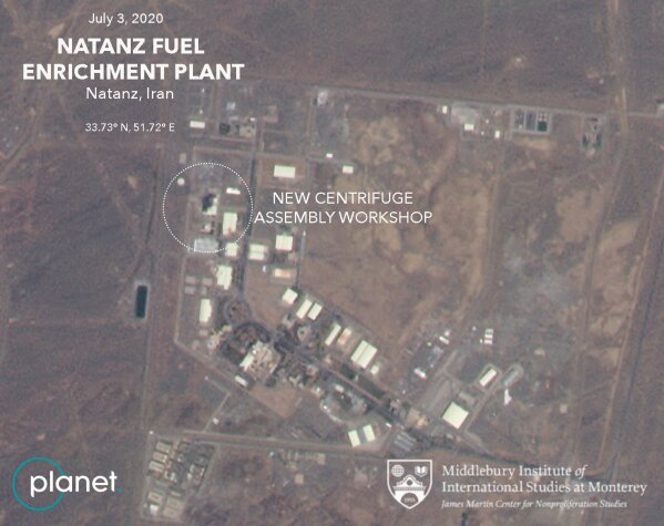 This Friday, July 3, 2020 satellite image from Planet Labs Inc. that has been annotated by experts at the James Martin Center for Nonproliferation Studies at Middlebury Institute of International Studies shows a damaged building after a fire and explosion at Iran's Natanz nuclear site. An online video and messages purportedly claiming responsibility for a fire that analysts say damaged a centrifuge assembly plant at Iran's underground Natanz nuclear site deepened the mystery Friday around the incident — even as Tehran insisted it knew the cause but would not make it public due to "security reasons." (Planet Labs Inc., James Martin Center for Nonproliferation Studies at Middlebury Institute of International Studies via AP)