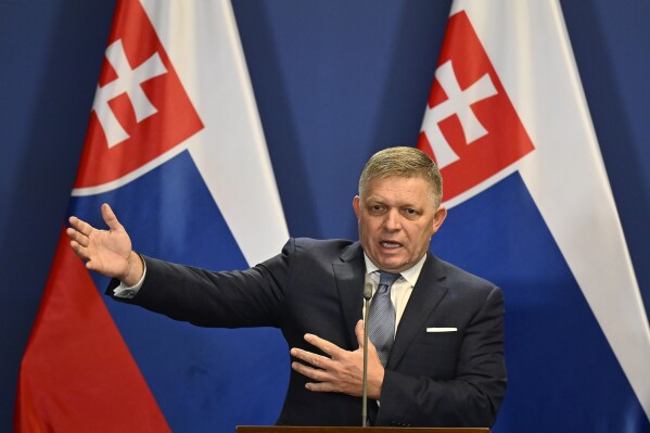 Slovakia's Prime Minister Robert Fico speaks during a press conference with Hungary's Prime Minister Viktor Orban at the Carmelite Monastery in Budapest, Hungary, Tuesday, Jan. 16, 2024. (AP Photo/Denes Erdos, File)