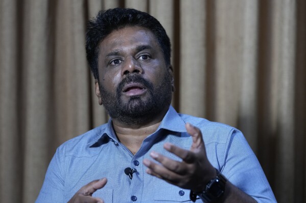 Anura Kumara Dissanayake, presidential candidate of opposition political party National People's Power speaks to Associated Press in Colombo, Sri Lanka, Monday, Aug. 26, 2024. (AP Photo/Eranga Jayawardena)