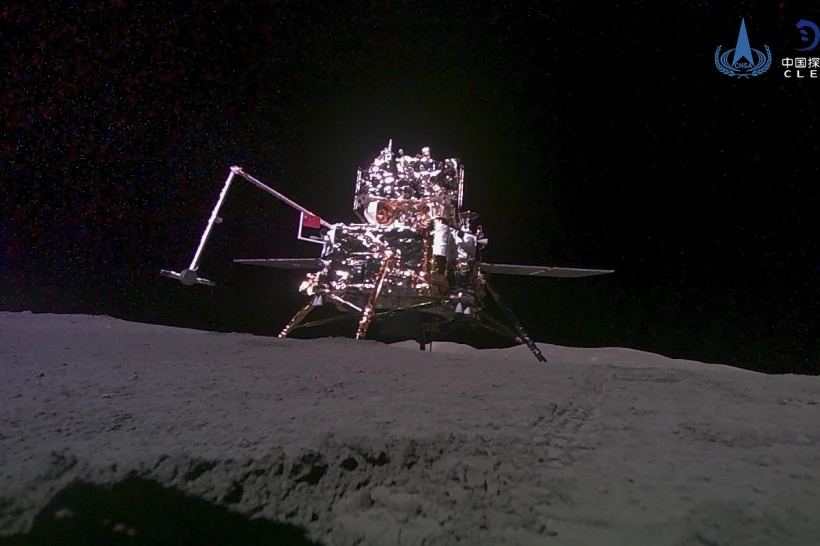 This China National Space Administration (CNSA) handout image released by Xinhua News Agency, shows the lander-ascender combination of Chang'e-6 probe taken by a mini rover after it landed on the moon surface, June 4, 2024. (CNSA/Xinhua via AP, File)