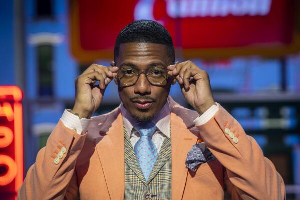 Talk show host Nick Cannon poses for a portrait on the set of "Nick Cannon" at Metropolitan Studios in New York on Sept. 16, 2021. His nationally syndicated daytime talk show premieres Sept. 27 on Fox Television Stations. (Photo by Andy Kropa/Invision/AP)