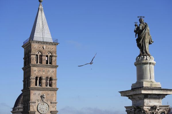 The bell tower of St. Mary Major Basilica, where the burial ceremony of Pope Francis will take place, in Rome, Saturday, April 26, 2025. (AP Photo/Luca Bruno)
