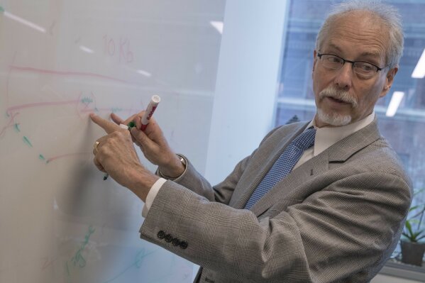 
              In this Tuesday, April 25, 2017 photo, NYU School of Medicine Professor Department of Biochemistry and Molecular Pharmacology Jef D. Boeke speaks during an interview in his office at the Alexandria Center for Life Sciences in New York, where researchers are attempting to create completely man-made, custom-built DNA. The genome is the entire genetic code of a living thing. Learning how to make one from scratch, Boeke says, means “you really can construct something that’s completely new.” (AP Photo/Mary Altaffer)
            