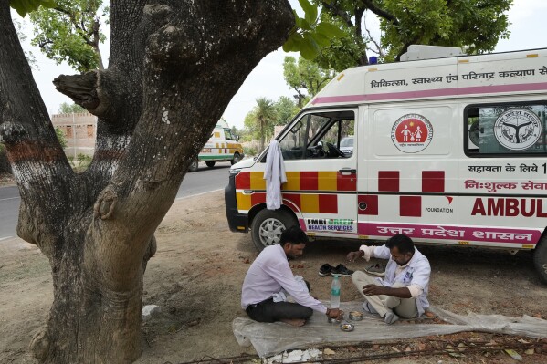 Sunil Kumar Naik, left, an ambulance driver with Jitendra Kumar, a paramedic, eat their lunch under the shade of a tree in Banpur, in the Indian state of Uttar Pradesh, Saturday, June 17, 2023. (AP Photo/Rajesh Kumar Singh)