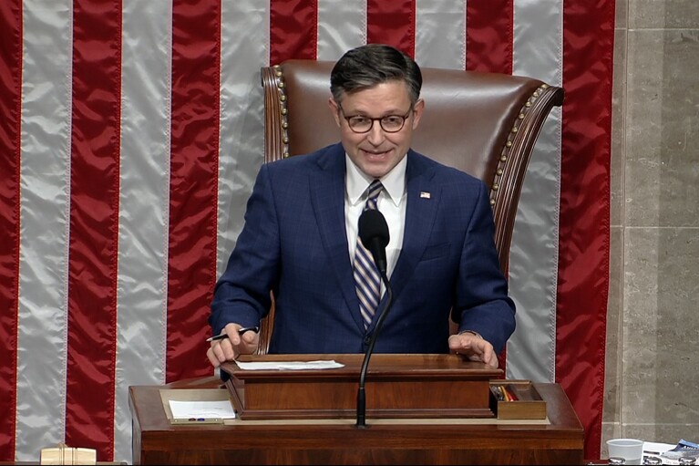 This image from House Television video shows House Speaker Mike Johnson of La., announcing Tuesday, Nov. 7, 2023, the vote total as the House votes to censure Rep. Rashida Tlaib, D-Mich., for her rhetoric about the Israel-Hamas war. (House Television via AP)