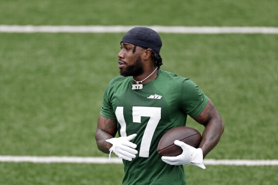 New York Jets' Malachi Corley works out during an NFL rookie minicamp football practice Friday, May 3, 2024, in Florham Park, N.J. (AP Photo/Adam Hunger)