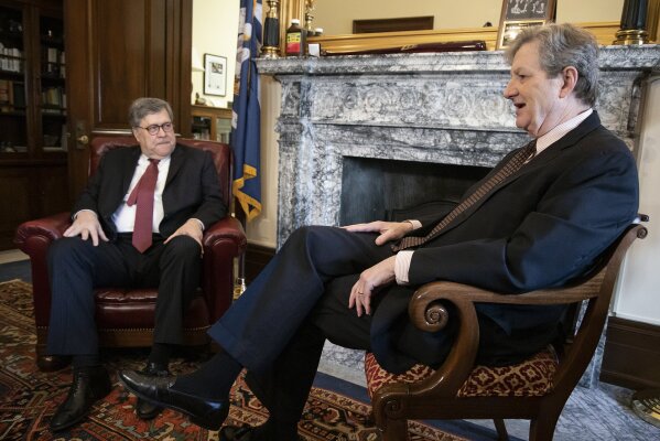 
              Attorney General nominee Bill Barr, left, meets with Sen. John Kennedy, R-La., a member of the Senate Judiciary Committee, in Kennedy's office on Capitol Hill in Washington, Monday, Jan. 26, 2019. The Judiciary panel is set to vote on Barr's nomination Tuesday. (AP Photo/J. Scott Applewhite)
            