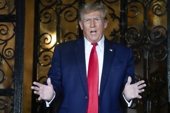 Republican presidential candidate former President Donald Trump speaks at his Mar-a-Lago estate, Friday, Feb. 16, 2024, in Palm Beach, Fla. (AP Photo/Rebecca Blackwell)