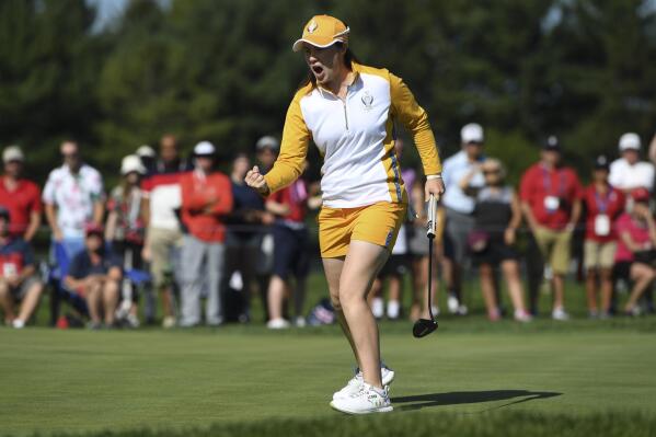 Europe's Leona Maguire celebrates after a putt on the 14th hole during the foursome matches at the Solheim Cup golf tournament, Sunday, Sept. 5, 2021, in Toledo, Ohio. (AP Photo/David Dermer)