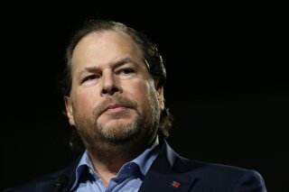 FILE - In this photo taken Tuesday, Oct. 30, 2018, Salesforce CEO Marc Benioff speaks at a luncheon in San Francisco. Salesforce CEO Marc Benioff and his wife Lynne are donating $30 million to UCSF to research the causes and potential solutions for homelessness. The five-year initiative housed at the University of California, San Francisco will conduct academic research into homelessness and train future researchers in the field. (AP Photo/Eric Risberg, File)