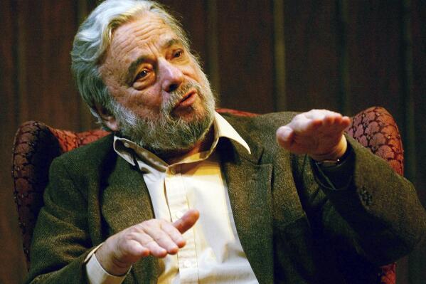 FILE - Composer and lyricist Stephen Sondheim gestures during a gathering at Tufts University in Medford, Mass., on April 12, 2004. Sondheim, the songwriter who reshaped the American musical theater in the second half of the 20th century, has died at age 91. Sondheim's death was announced by his Texas-based attorney, Rick Pappas, who told The New York Times the composer died Friday, Nov. 26, 2021, at his home in Roxbury, Conn. (AP Photo/Charles Krupa, File)