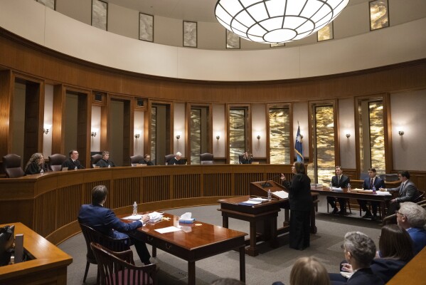 The Minnesota Supreme Court hears oral arguments at the Minnesota Judicial Center in St. Paul, Minn., Thursday, Jan. 23, 2025. (Ben Hovland/Minnesota Public Radio via AP, Pool)