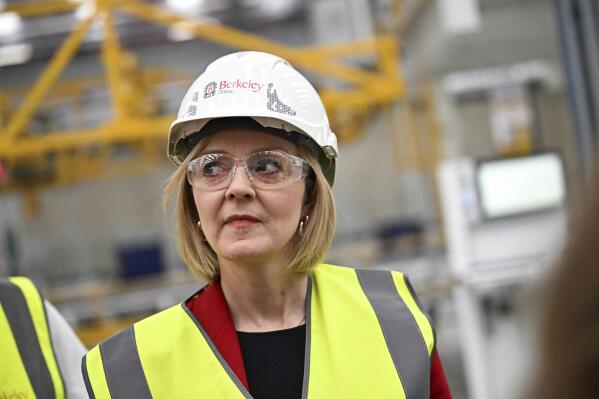 British Prime Minister Liz Truss visits Berkeley Modular, in Northfleet, Kent, Britain, Friday, Sept. 23, 2022. (Dylan Martinez/Pool Photo via AP)