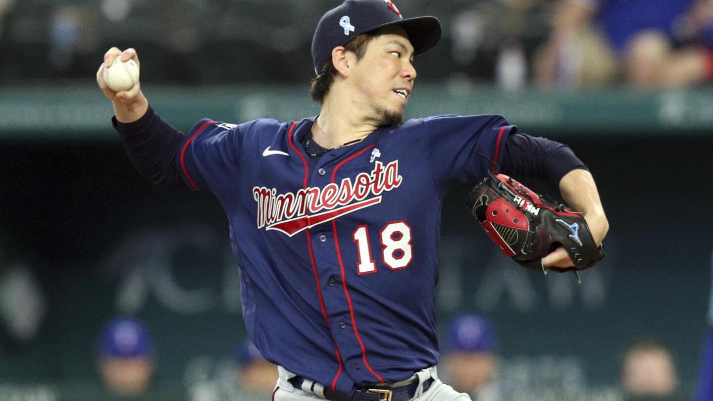 Minnesota Twins starting pitcher Kenta Maeda of Japan throws during the  first inning of a baseball game against the Texas Rangers in Arlington,  Texas, Sunday, Sept. 3, 2023. (AP Photo/LM Otero Stock