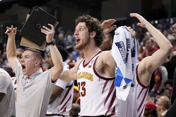 Iowa State forward Conrad Hawley celebrates after a basket during the first half of a first-round college basketball game against Pittsburgh in the NCAA Tournament on Friday, March 17, 2023, in Greensboro, N.C. (AP Photo/Chris Carlson)