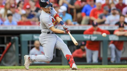 St. Louis Cardinals' Tommy Edman hits a two-run triple during the fourth inning of a baseball game against the Cincinnati Reds in Cincinnati, Tuesday, May 23, 2023. (AP Photo/Aaron Doster)