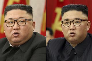 This combination of file photos provided by the North Korean government, shows North Korean leader Kim Jong Un at Workers' Party meetings in Pyongyang, North Korea, on Feb. 8, 2021, left, and June 15, 2021. Last time when Kim faced rumors about his health, the North Korean leader had walked with a cane, missed an important state anniversary or panted for breath. Now, the 37-year-old faces fresh speculation about his health because he looks thinner noticeably in recent state media images. Independent journalists were not given access to cover the event depicted in this image distributed by the North Korean government. The content of this image is as provided and cannot be independently verified. (Korean Central News Agency/Korea News Service via AP, File)