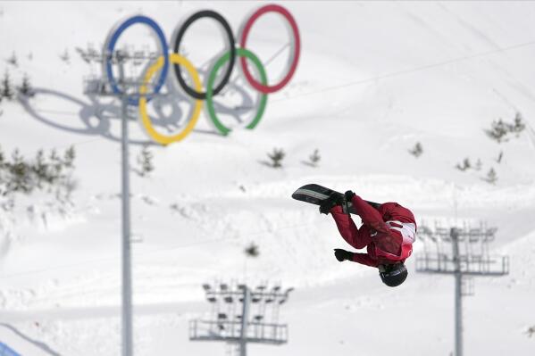 Canada's Max Parrot during the men's slopestyle finals at the 2022 Winter Olympics, Monday, Feb. 7, 2022, in Zhangjiakou, China. (AP Photo/Gregory Bull)