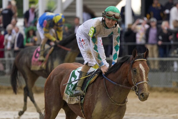 Brian Hernandez, Jr., atop Mystik Dan, looks on after finishing second in the running of the Preakness Stakes horse race at Pimlico Race Course, Saturday, May 18, 2024, in Baltimore. (AP Photo/Julia Nikhinson)