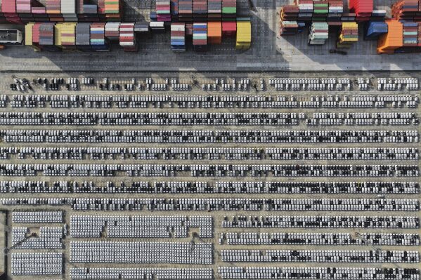New Volvo vehicles waiting for shipment at the Yangtze port, in Nanjing city in east China's Jiangsu province, Wednesday, April 9, 2025. (Chinatopix Via AP)