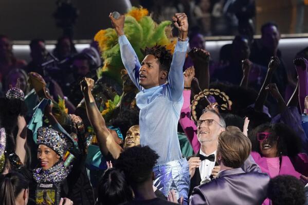 Jon Batiste appears in the audience as he performs "Freedom" at the 64th Annual Grammy Awards on Sunday, April 3, 2022, in Las Vegas. (AP Photo/Chris Pizzello)