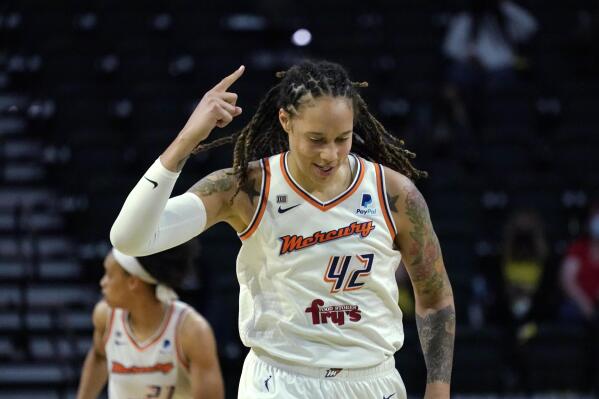 Phoenix Mercury's Brittney Griner motions after a teammate scored against the Seattle Storm in the second half of the second round of the WNBA basketball playoffs Sunday, Sept. 26, 2021, in Everett, Wash. (AP Photo/Elaine Thompson)