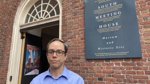 Nathaniel Sheidley, president and CEO of Revolutionary Spaces, stands outside the Old South Meeting House in Boston, Thursday, June 29, 2023, the site of the tax protests that led to the Boston Tea Party in 1773. Sheidley said that for the country’s founding generation, patriotism meant the sacrifice of one’s own individual interest in the service of something larger like the country or the common good. The hallmark of patriotism, he said, was caring more about one’s neighbor and fellow community members that one’s self. (AP Photo/Steve LeBlanc)