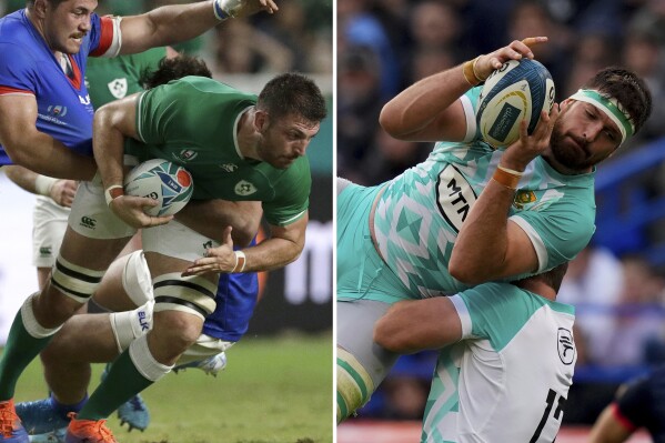 FILE - This combo shows left, Ireland's Jean Kleyn during the Rugby World Cup Pool A game at Fukuoka Hakatanomori Stadium between Ireland and Samoa, in Fukuoka, on Oct. 12, 2019 and Jean Kleyn, right, playing for South Africa, during a rugby test match against Argentina, at the Jose Amalfitani stadium in Buenos Aires, on Aug. 5, 2023. (AP Photo/Aaron Favila, Natacha Pisarenko, File)