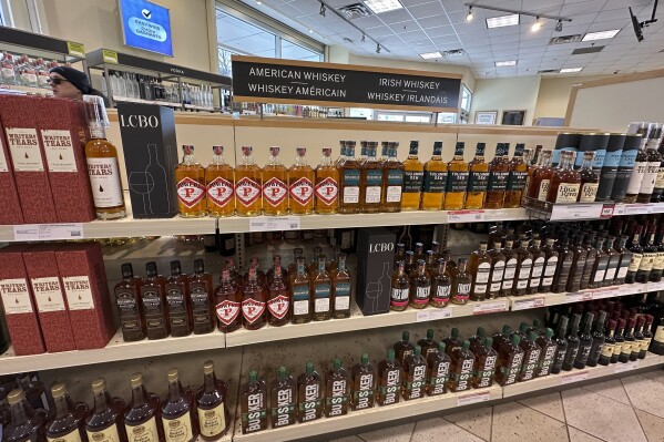 No American whiskey is displayed at an LCBO, the government-run liquor stores where most wine and spirits in the province are purchased, Sunday, March 9, 2025, in Toronto. (AP Photo/Jill Colvin)