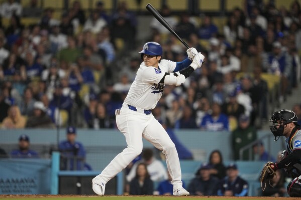 Los Angeles Dodgers designated hitter Shohei Ohtani waits for a pitch during the fourth inning of a baseball game against the Miami Marlins in Los Angeles, Monday, May 6, 2024. (AP Photo/Ashley Landis)