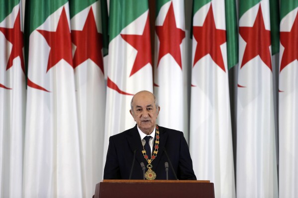 FILE - Algerian president Abdelmadjid Tebboune delivers a speech during an inauguration ceremony in the presidential palace, in Algiers, Algeria, on Dec. 19, 2019. Algeria's president announced on Thursday July 11, 2024 that he intends to run for a second term in office, five years after ascending to power as the military and establishment-backed candidate amid widespread pro-democracy street protests. (ĢӰԺ Photo/Toufik Doudou, File)