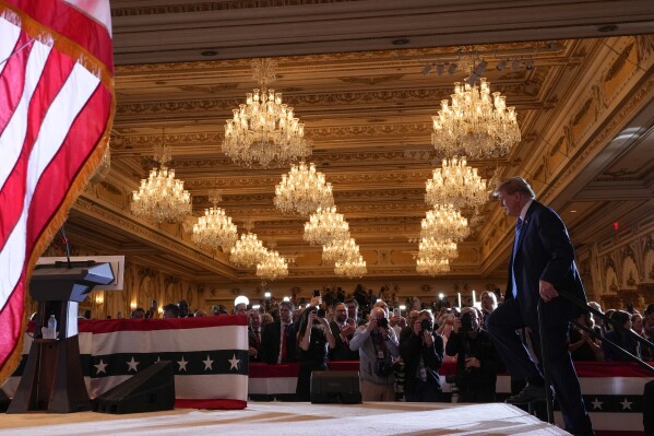 Republican presidential candidate former President Donald Trump arrives to speak at a Super Tuesday election night party Tuesday, March 5, 2024, at Mar-a-Lago in Palm Beach, Fla. (AP Photo/Evan Vucci)