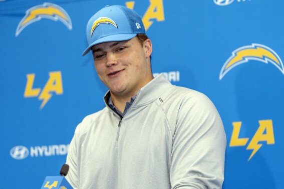 Los Angeles Chargers draft Joe Alt takes questions from the media at an NFL football news conference Friday, April 26, 2024, in Costa Mesa, Calif. (AP Photo/Damian Dovarganes)
