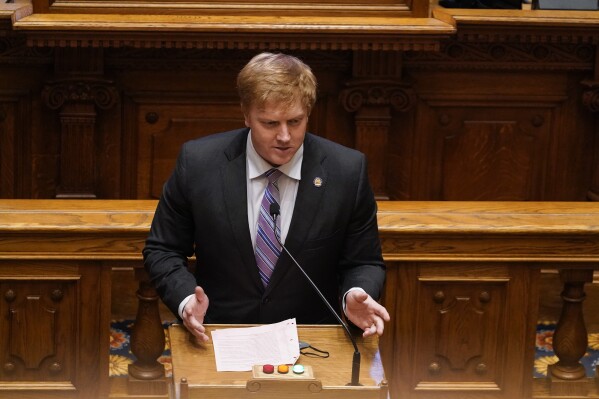 FILE - Senate Appropriations Committee Chairman Blake Tillery speaks in the Senate chamber at the State Capitol on Wednesday, March 31, 2021, in Atlanta. Tillery said on Monday, Jan. 3, 2024, that any upcoming pay increases should boost pay to make hard-to-fill state jobs more attractive. (AP Photo/Brynn Anderson, File)