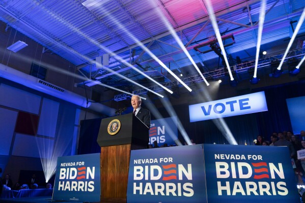 President Joe Biden speaks at a campaign event in North Las Vegas, Nev., Sunday, Feb. 4, 2024. (AP Photo/Stephanie Scarbrough)