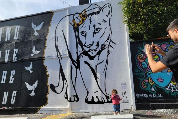 Ouaj Ghribi from Paris, France takes a picture of Chiara Rode, 2, with the mural of mountain lion P-22 in the Fairfax district of Los Angeles Friday, Dec. 23, 2022. The mural by street artist Corie Mattie is dedicated to the memory of P-22, the celebrated mountain lion who lived in the city and was recently euthanized amid worsening health and injuries likely caused by a car. P-22 became the face of a campaign to build a wildlife crossing over a Los Angeles-area freeway to give big cats, coyotes, deer and other wildlife a safe path to the nearby Santa Monica Mountains, where they have room to roam. (AP Photo/Damian Dovarganes)