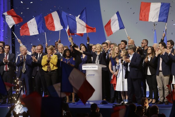 French far-right leader and presidential candidate Marine Le Pen addresses supporters during an election campaign rally in Nice, southern France, Thursday April 27, 2017. (AP Photo/Claude Paris, File)