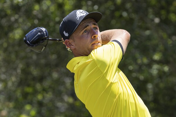 David Puig, of Fireballs GC, hits his from the second tee during the second round of LIV Golf Houston at Golf Club of Houston, Saturday, June 8, 2024, in Humble, Texas. (LIV Golf via AP)